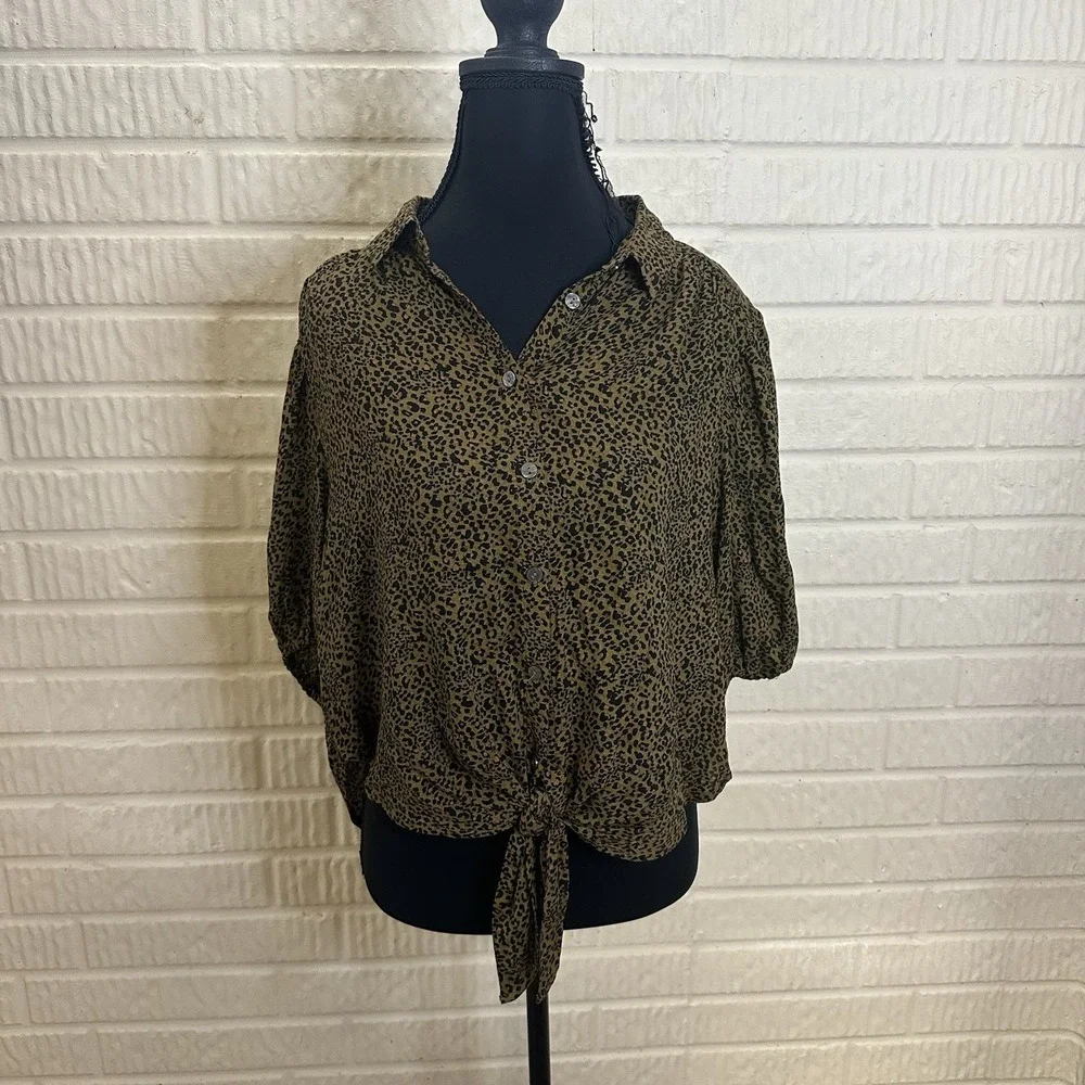 Free People Celia Printed Blouse Leopard Brown Tie Bottom Button Up Sz S Casual